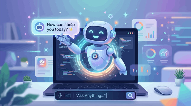 Friendly robot assistant on laptop with futuristic interface and data analysis graphics