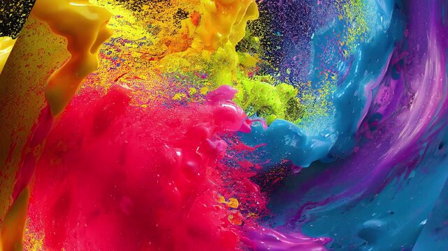 An explosive splash of intense, multi-colored liquids, forming a captivating video abstrak sequence that highlights the vibrant energy and artistic flow of abstract movement and creative expression