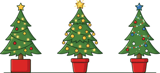 Decorated Christmas Tree Icon Set in Red Pots with Festive Stars, Lights, and Ornaments for Holiday Greetings, Web Design, and Winter Celebrations © Ashik 