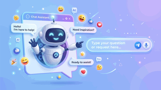 Friendly ai robot assistant with chat interface and emojis on purple background
