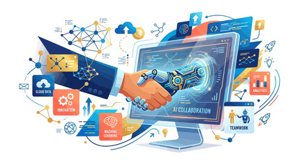 Fototapeta premium Human hand and robotic arm shake hands in front of computer screen with ai collaboration interface and various innovation icons