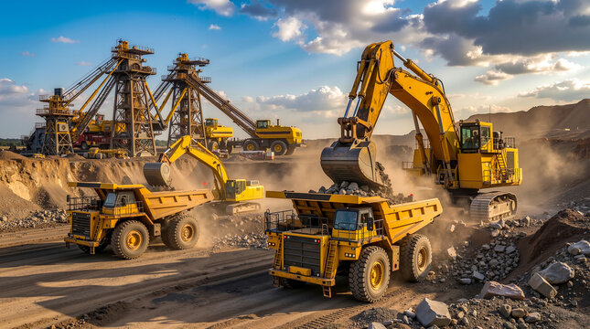 A group of large yellow dump trucks driving down a dirt road