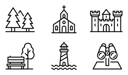 Fototapeta premium Vector icon set featuring nature buildings landmarks: trees church castle park bench lighthouse binoculars, building