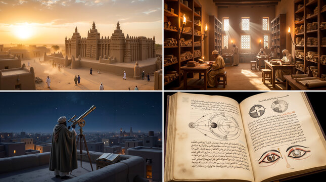 Islamic golden age science and history collage with ancient library astronomy and architectural illustrations