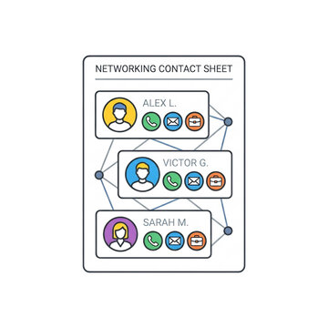 Networking contact sheet with profile icons and connected communication lines.
