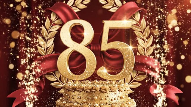 Golden 85th Birthday Celebration Cake with Red Ribbon and Sparkles