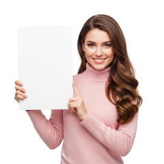 Naklejka premium Smiling woman holding a blank sign with pink sweater isolated on transparent background