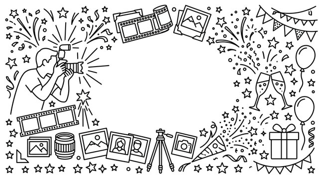Doodle border frame with photography equipment and celebration elements.