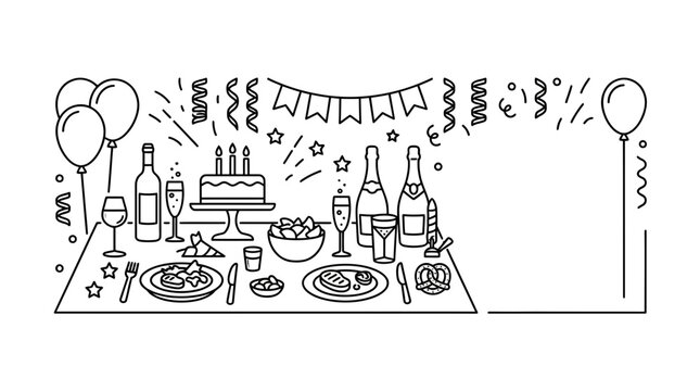 Doodle illustration of a festive party table with cake and drinks.