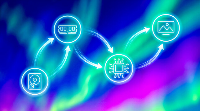 Digital computer architecture schema showing storage memory and processing units on glowing background