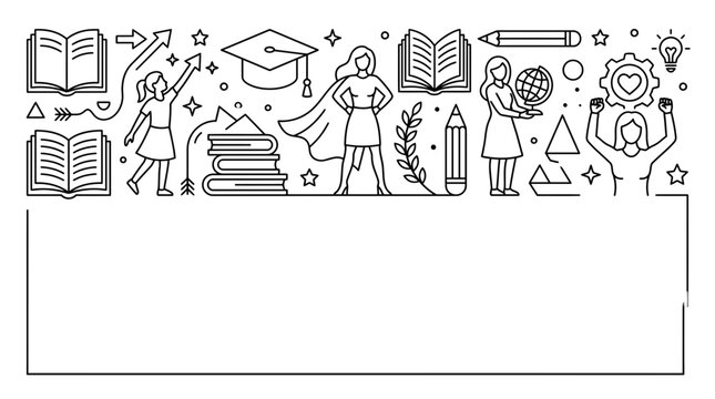 Education concept horizontal banner with linear icons of students teachers and school supplies.