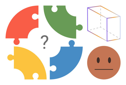 Problem solving, critical thinking, spatial analysis, emotional intelligence, brainstorming, teamwork. Colorful puzzle pieces, question mark cube sketch and neutral face. Problem solving