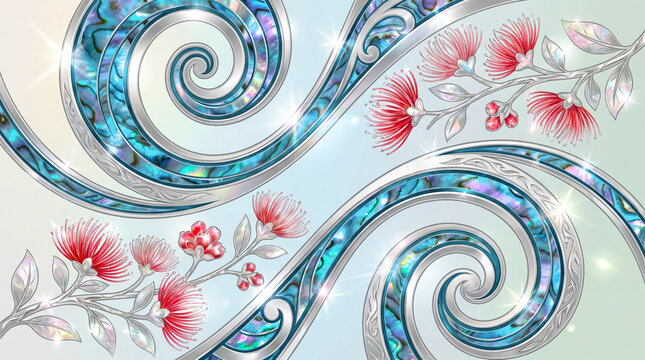 Elegant New Zealand background with silver koru spirals, abalone paua shell texture, and red crimson pohutukawa tree blossoms.
