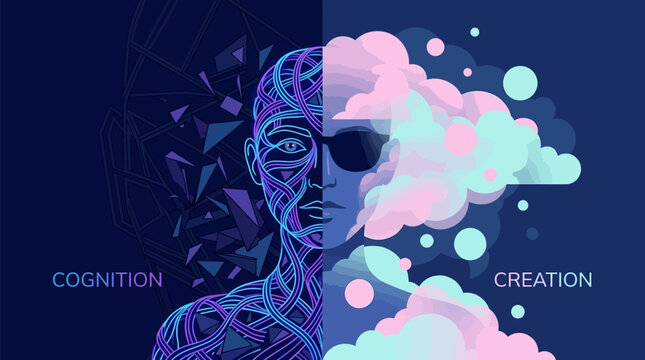 Human head with cognition and creation concept art brain waves and clouds