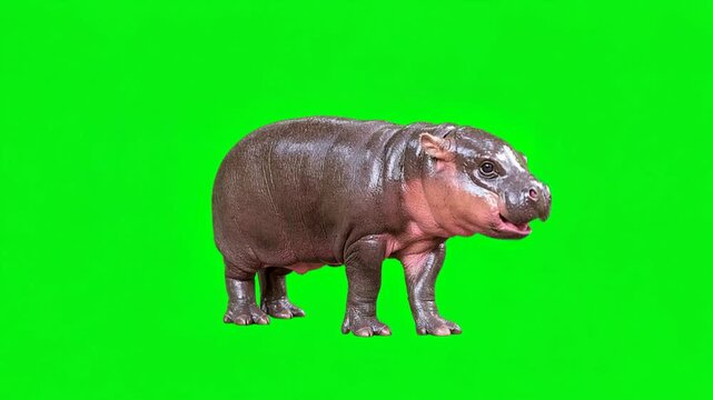 Cute Baby Hippopotamus Excitedly Opening Its Mouth and Playfully Bouncing Body in Smooth Studio Animated Motion Green Screen Chroma Key Commercial Stock Video Footages