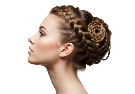 Woman with curly hair in a side profile view isolated on transparent background
