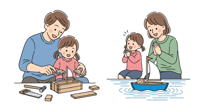 Cute family crafting wooden boat with child and parent illustration isolated on white background