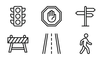 Set of vector icons for traffic and road safety: traffic light stop sign directional signpost barrier road pedestrian © Roushon_AI_Designer