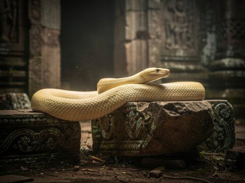 Albino Python Coiled on Ancient Stone Ruins