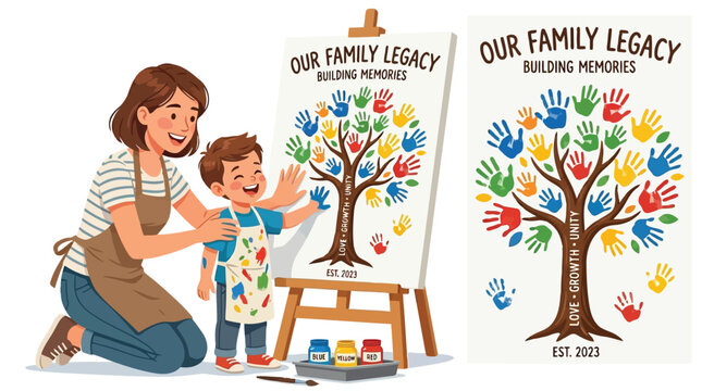 Happy mother and child creating colorful family handprint tree memory art project with isolated on white background