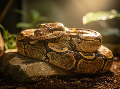 Regal Ball Python Coiled on Rock with Sunlight