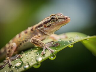 Obraz premium Gecko with Dew Drops on Leaf