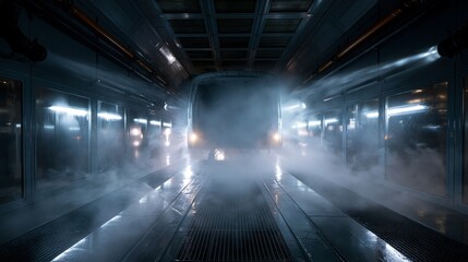 Fototapeta premium Medium shot of a highpressure water spray testing vehicle cabs ensuring durability and waterproof sealing during the endofline inspection process.