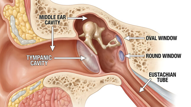 Anatomical cross-section of the human ear, detailing the middle ear cavity, ossicles, tympanic cavity, and Eustachian tube, essential for understanding auditory physiology