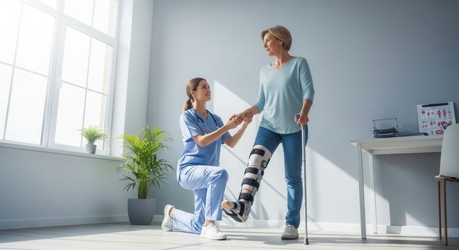 Patient Assisted By Doctor During Physical Therapy Exercise In Bright Clinic Setting