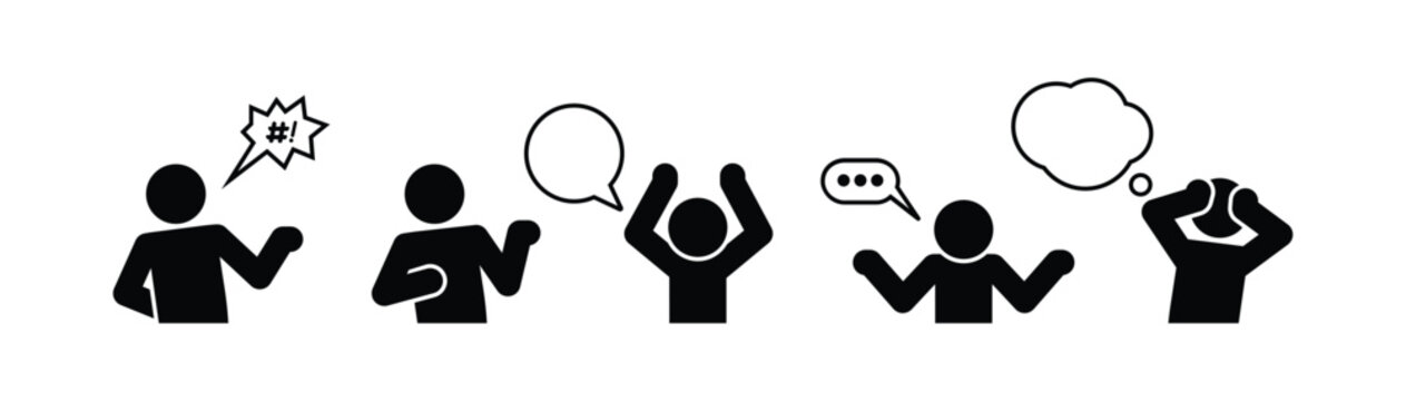 Vector stick figure set, simple flat black people with various gestures and speech bubbles, talking, thinking, shouting, white background, minimal comic style.