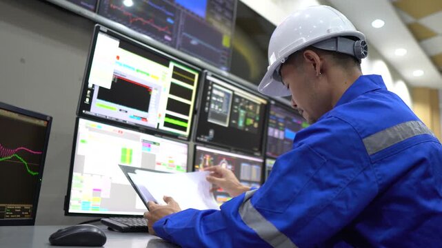 Industrial engineers inspecting operations at a petrochemical and energy plant. Professionals monitoring production systems, infrastructure, safety standards and industrial facility performance.