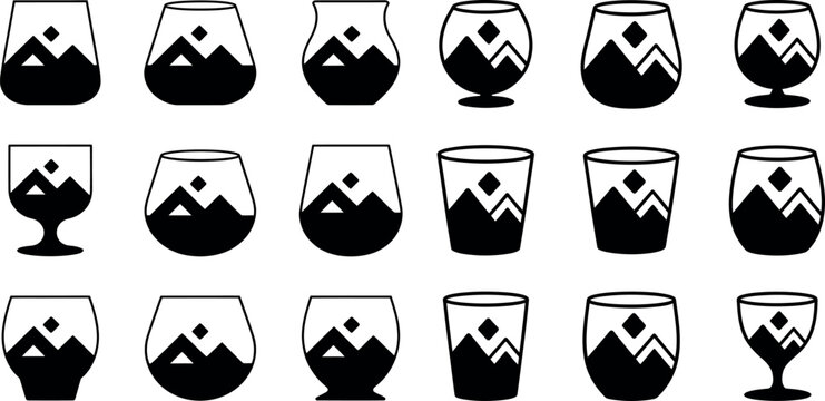 Collection of abstract geometric cups and glasses with mountain landscape drinkware beverage container geometric abstract mountain landscape