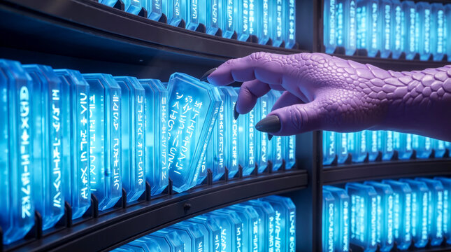Purple reptilian alien hand selecting a glowing blue data storage crystal slate from a laboratory shelf.