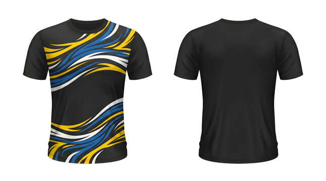 Black Soccer Jersey Mockup with Blue and Yellow Dynamic Pattern