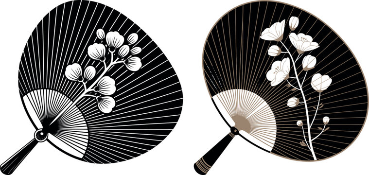 Decorative hand fans with blooming floral branches hand fan decorative oriental japanese traditional illustration botanical accessory