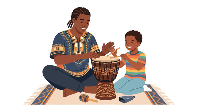 Happy adult teaching child to play traditional djembe drum colorful cultural illustration isolated on white background
