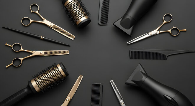 Professional hair styling and barber tools, including scissors, brushes, and combs, arranged in a circular frame on a dark background, perfect for beauty and salon concepts