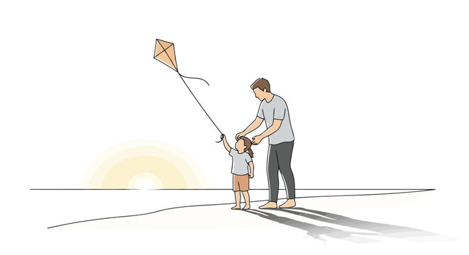 Father and child flying colorful kite together in cheerful outdoor illustration isolated on white background
