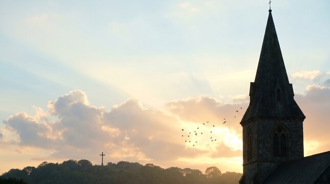 Ascension Day peaceful landscape with church steeple silhouette and birds flying at sunset, spiritual cross on a distant hill with dramatic sun rays and copy space