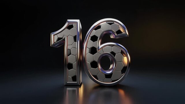 Elegant digit 16 inspired by football soccer game aesthetics, featuring premium metal shine light animation