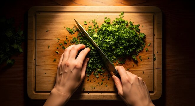 Hands chopping fresh green herbs on a wooden cutting board