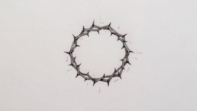 Black-and-white drawing plain light-colored paper circular arrangement thin sharp pointed thorns arranged symm