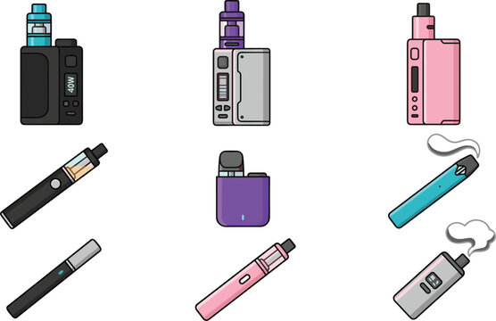 Electronic Cigarette and Vape Icon Set Featuring Box Mods Pod Systems Vape Pens and Vapor Clouds for Smoking Alternative Shop Graphic Designs