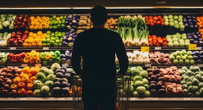 Man with shopping cart browsing fresh produce in supermarket