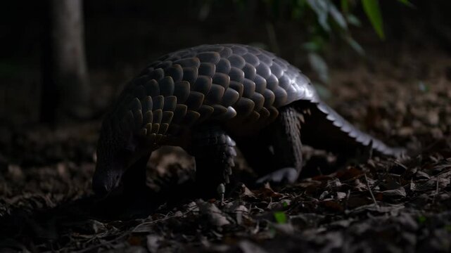 Pangolin Moves Silently Beneath Trees. Nocturnal Animal Forages Among Decaying Foliage To Survive