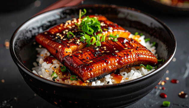 Unagi don eel rice bowl with glossy sauce fine dining presentation