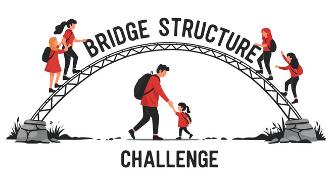 Bridge structure challenge family illustration with people crossing arch design isolated on white background