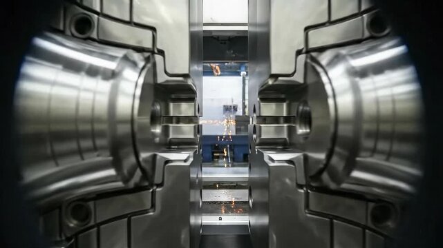 Large steel mold halves close with precision, stopping just before contact in manufacturing setting