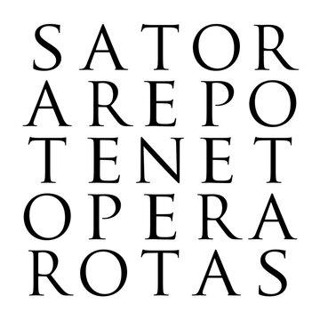 Sator Square, also called Rotas-Sator or Templar Magic Square, made of serif capital letters. A two-dimensional acrostic class of word square, containing a five-word Latin palindrome. Isolated. Vector