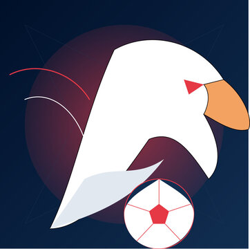 Stylized white eagle mascot head with red eye and soccer ball on dark blue background.